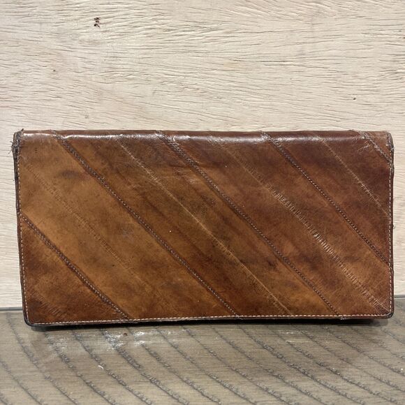 Vintage Wallet EEL SKIN Checkbook Billfold brown retro 4x7 - Picture 1 of 10